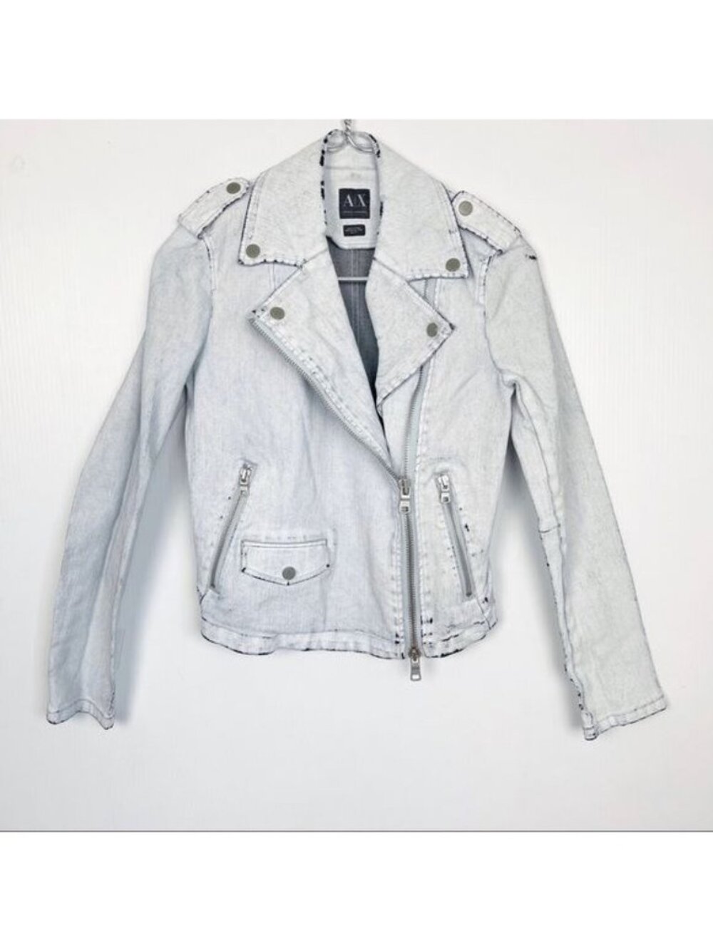 ARMANY EXCHANGE DENIM BIKER JACKET ACID-WASH LIGHT BLUE XSMALL